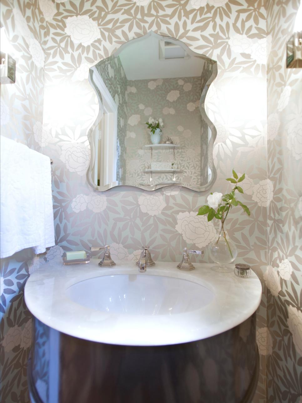 Glamorous Powder Room With Silver Floral Wallpaper | HGTV