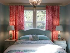 Blue Teen Girls' Bedroom With Coral Draperies and Crystal Chandelier