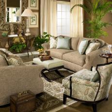 Traditional Brown Living Room With Tropical Accents