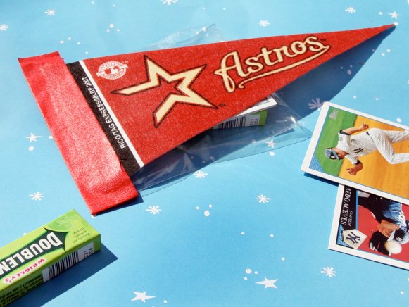 Baseball Pennant With Gum and Baseball Card