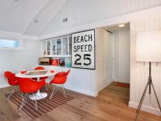 Media Room With White Beadboard, Orange Game Table Chairs, Beach Art 
