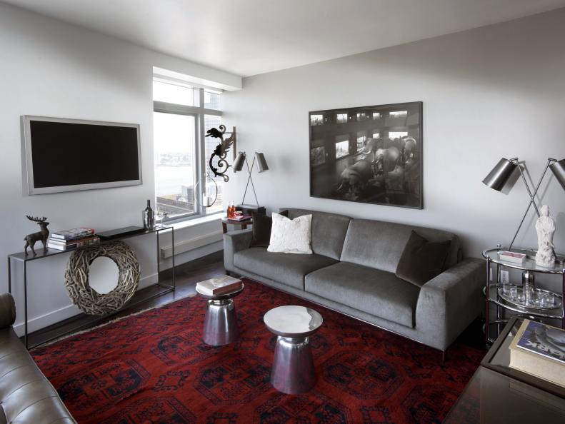 Gray, contemporary living room with stylish sleeper sofa, in NYC. 