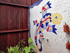 Mosaic Tile Blue and Yellow Lizard Outdoor Shower