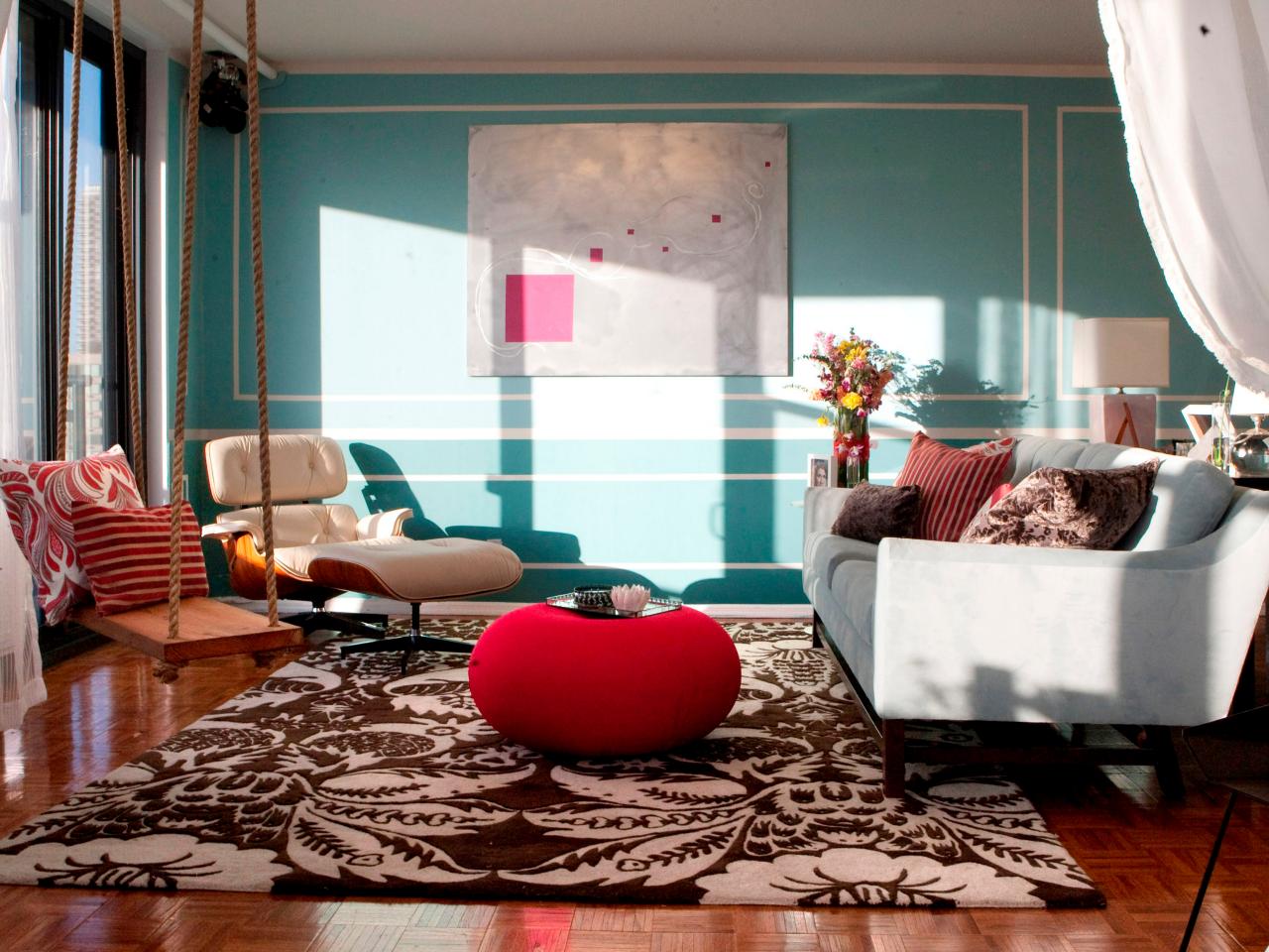 Teal Transitional Living Room With Brown Damask Area Rug ...