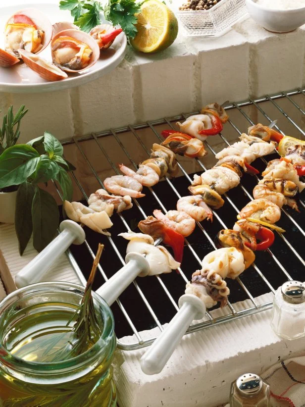 Seafood Skewers Grilled with Herb Olive Oil 