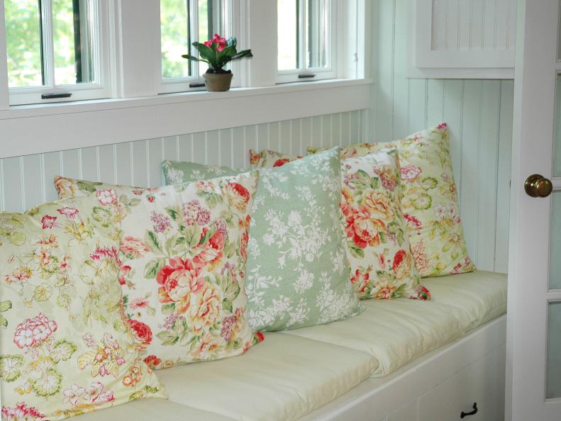 Floral Pillows on White Window Seat