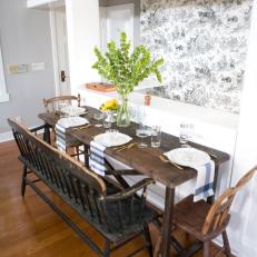 Unique Dining Area Includes Bench Seating and Toile Walls