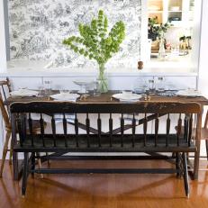 Unique Dining Area Includes Bench and Toile Walls