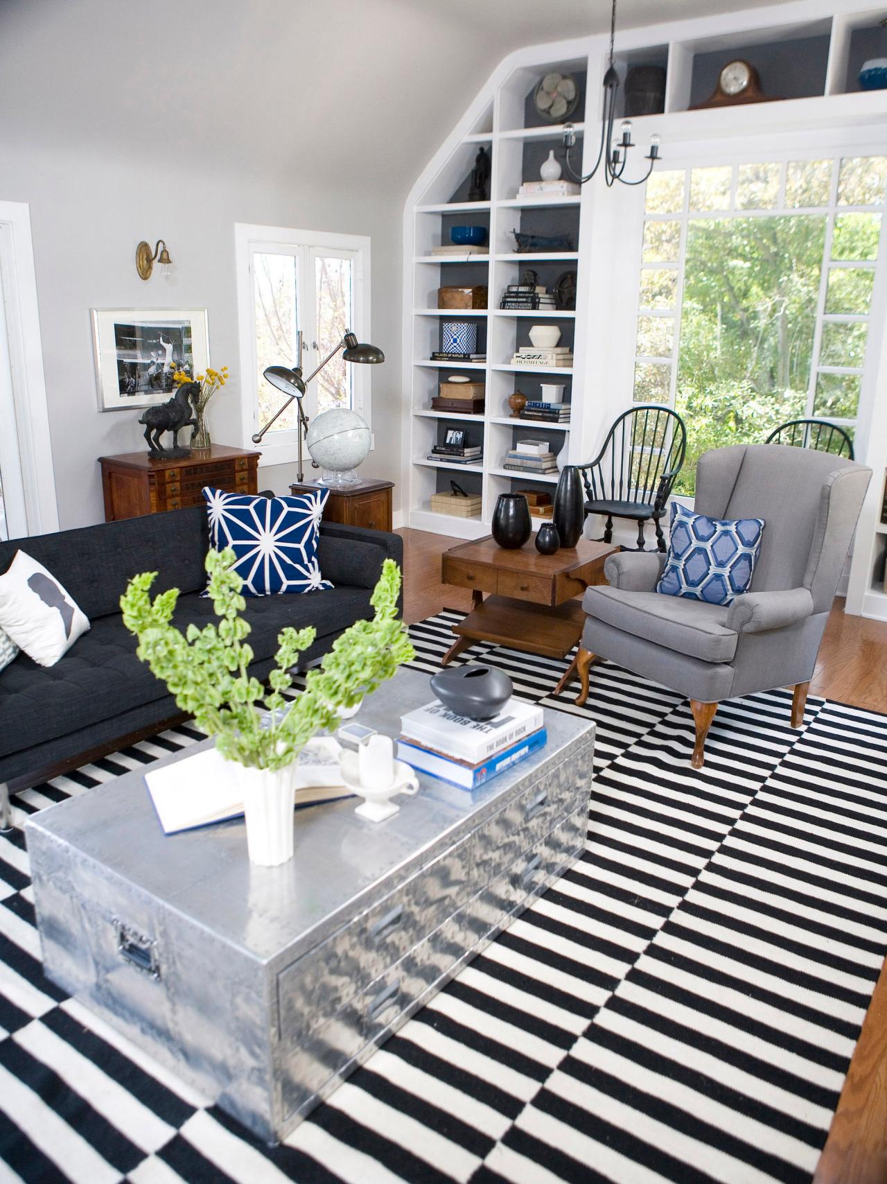 Modern Living Room With Black and White Striped Rug | HGTV
