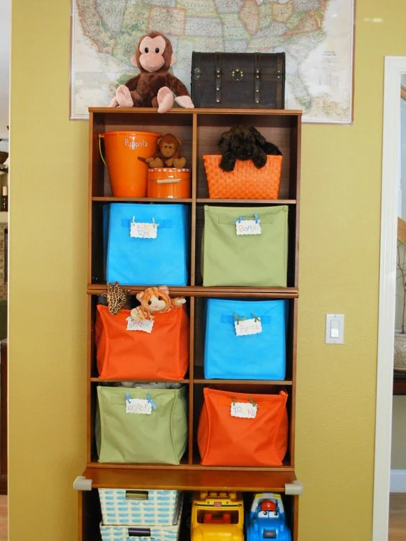 Colorful Storage Bins in Playroom