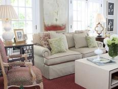 Neutral Living Room With Skirted Sofa, Art, Louis XV Chair