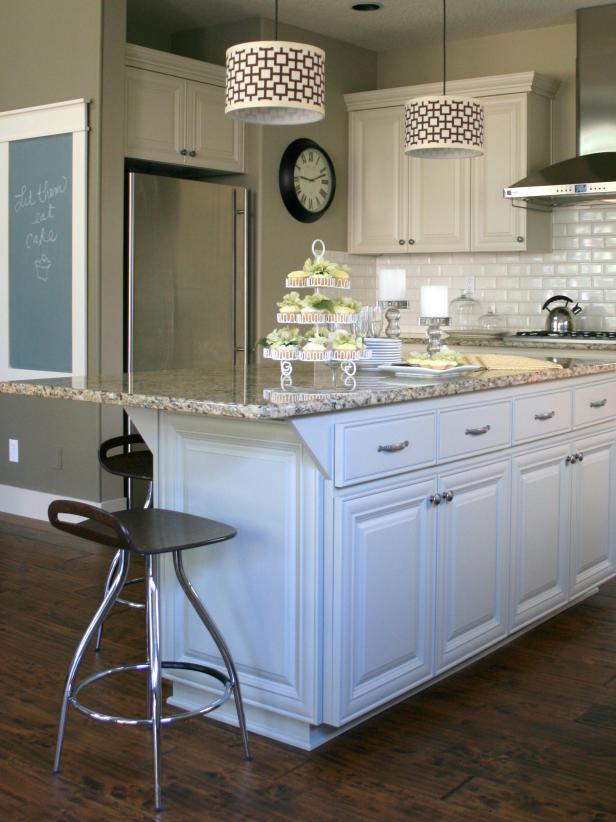 Kitchen With A Painted Island, White Distressed Floating Shelves Kitchen Island