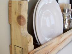 Wooden Kitchen Shelf with Dishes and Platters