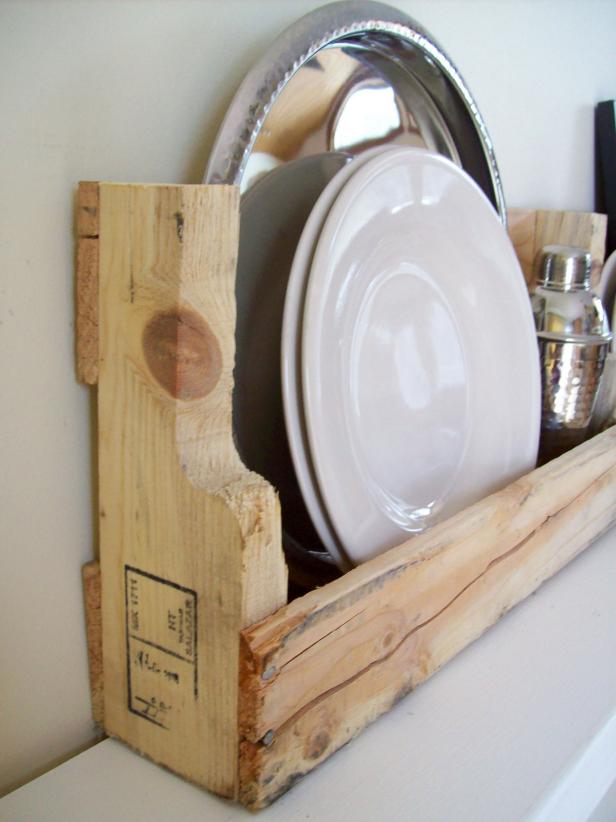 Wooden Kitchen Shelf with Dishes and Platters