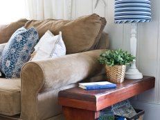 Beachy living room with wood bench side table