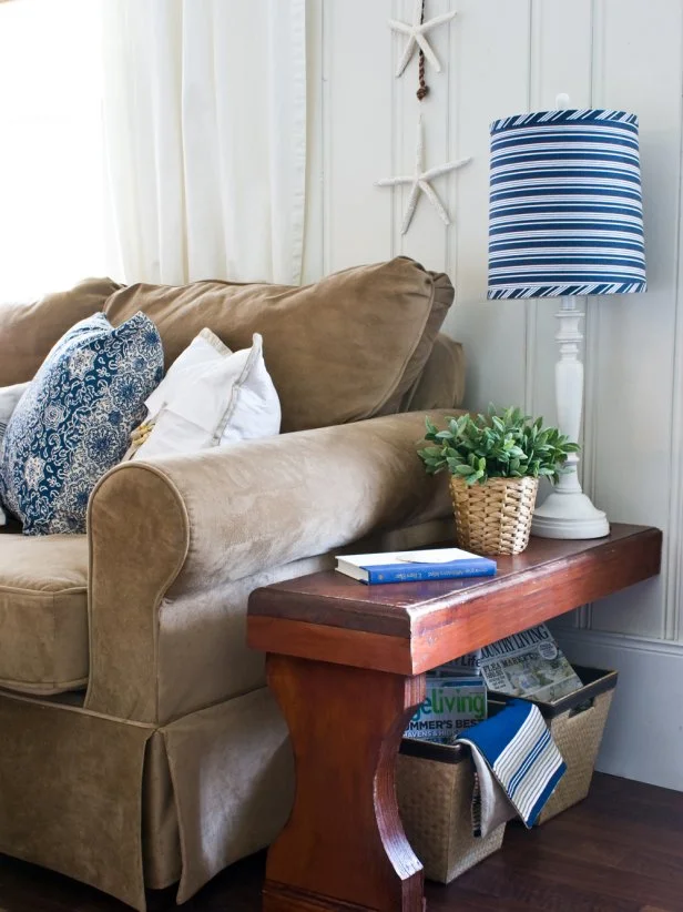 Beachy living room with wood bench side table