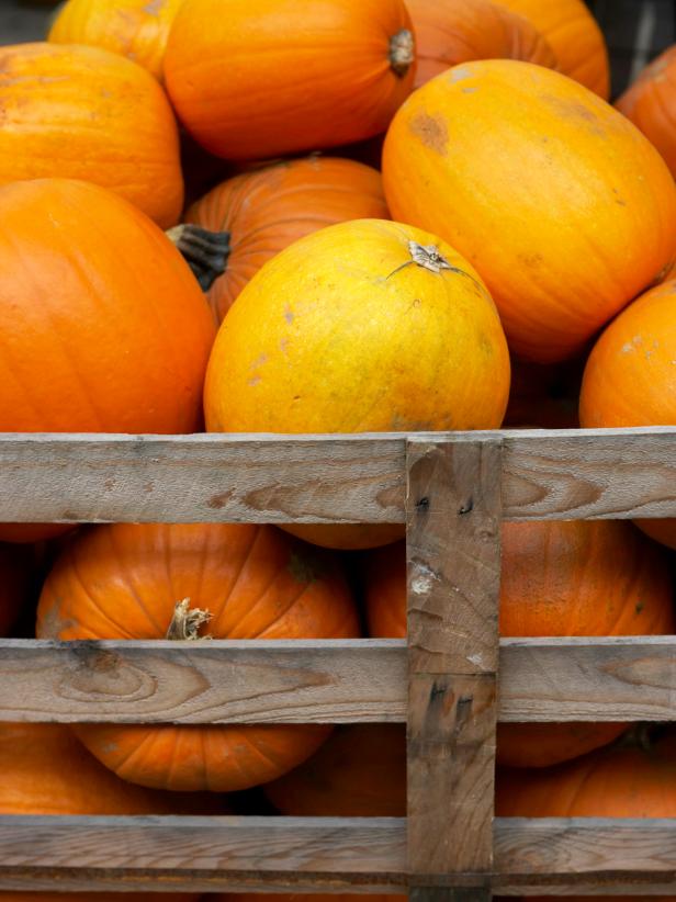 Pumpkins Piled in a Wooden Crate