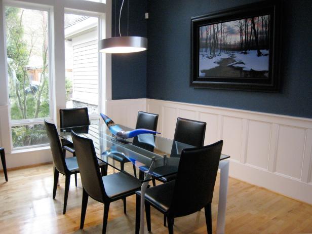 Contemporary Dining Room With Navy Accent Wall And Glass Table Hgtv