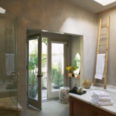 Asian Master Bathroom With Gray Walls and Glass Shower