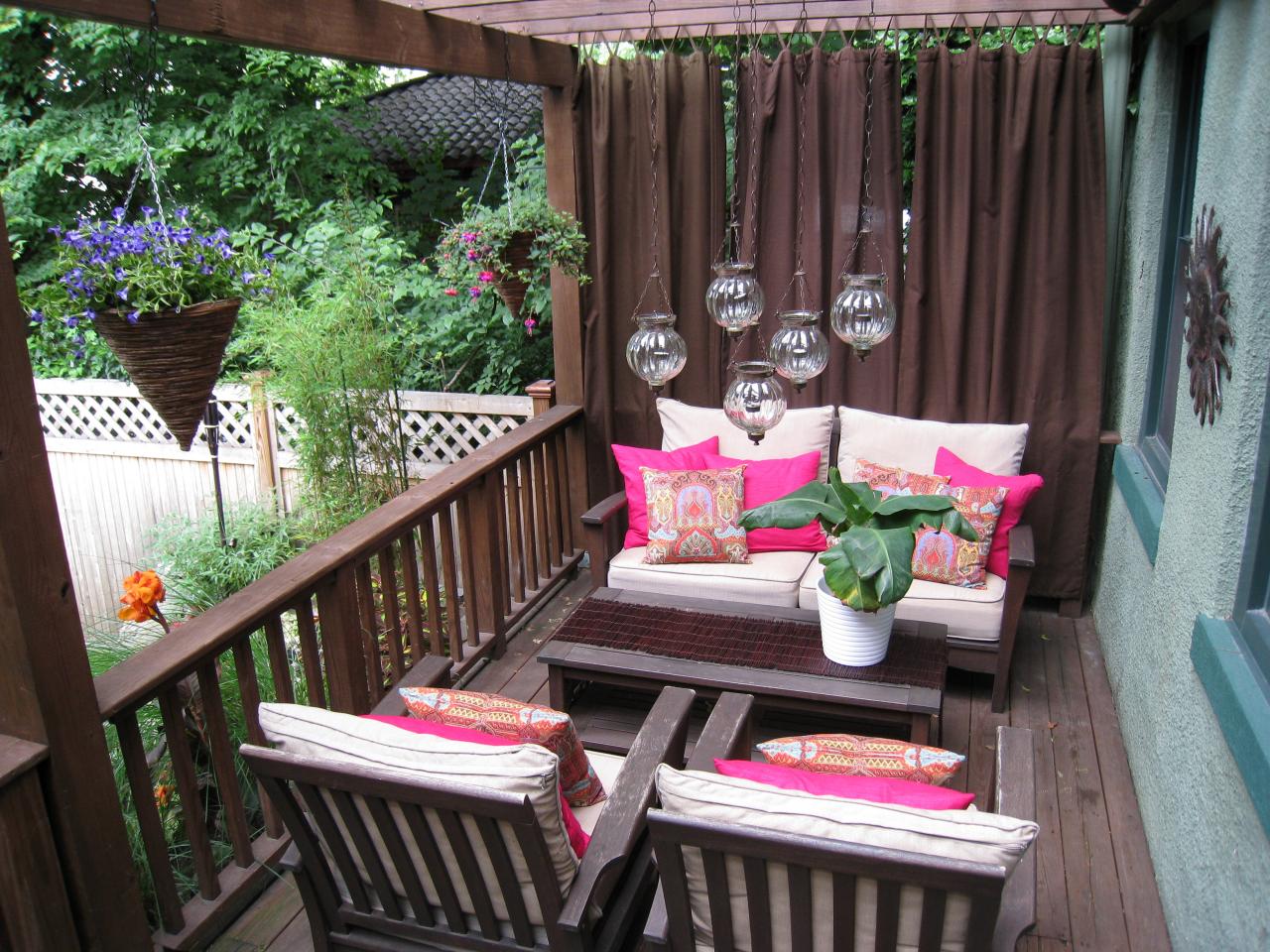 Urban Patio With Hot Pink Pillows Brown Privacy Curtains Urban Patio With Hot Pink Pillows Brown Privacy Curtains