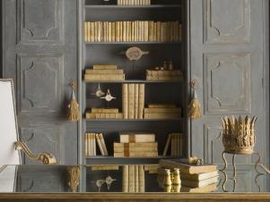 Ornamental Library Bookcase and Glass Table