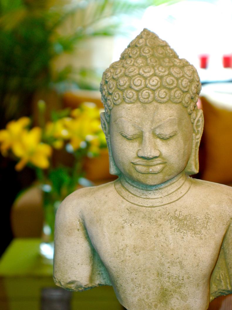 Asian Sculpture in Eclectic Living Room
