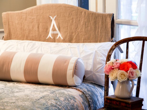 Bed With Headboard Slipcover, Bolster Pillow & Pot of Roses