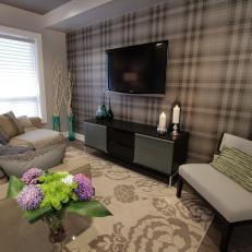 Transitional Living Space with Plaid Accent Wall