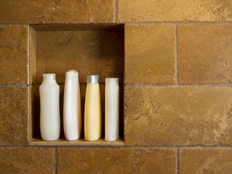 Shampoo, Conditioner and Soap Bottles in Guest Bathroom Shower