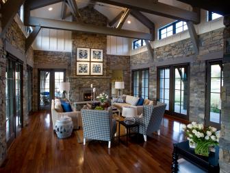 Great Room with Stone Walls and Trellis Ceiling 