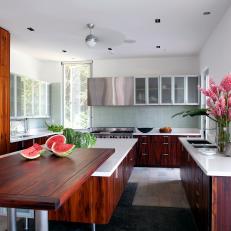 Contemporary White Kitchen With Dark Wood Cabinetry