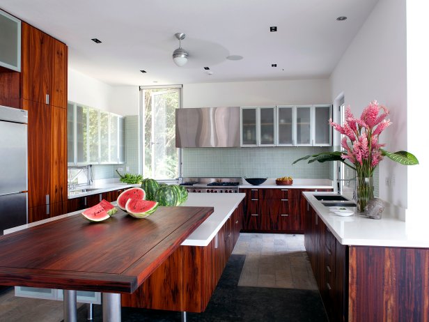 White Contemporary Kitchen With Striking Wood Cabinetry