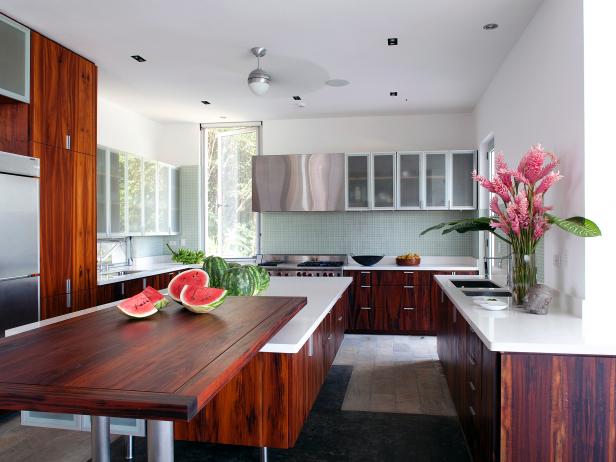 White Contemporary Kitchen With Striking Wood Cabinetry