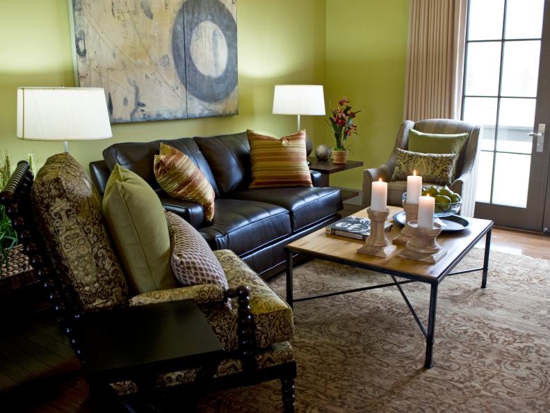 Green Sitting Room With Brown Leather Sofa and Neutral Area Rug