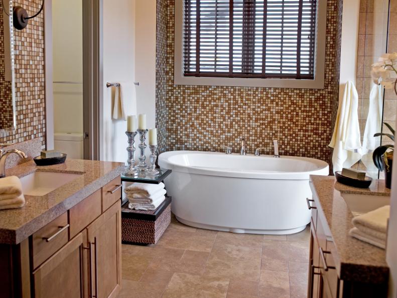Brown Transitional Master Bathroom With Mosaic Tile