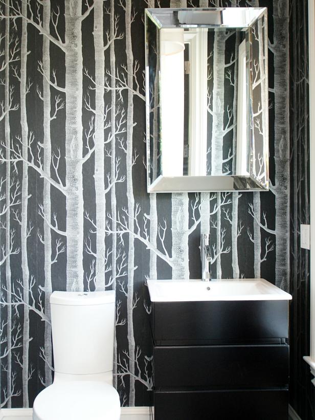 Black and White Bathroom With Tree Wallpaper and Black Vanity