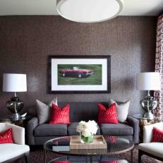 Contemporary Gray Living Room With Red Accents