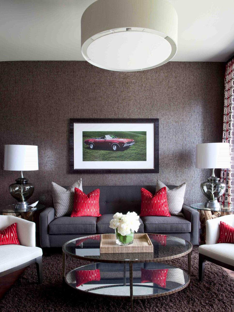 Contemporary Gray Living Room With Red Accents | HGTV