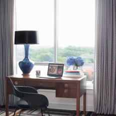 Art Deco Office with Funky Blue Lamp and Bold Patterned Rug 