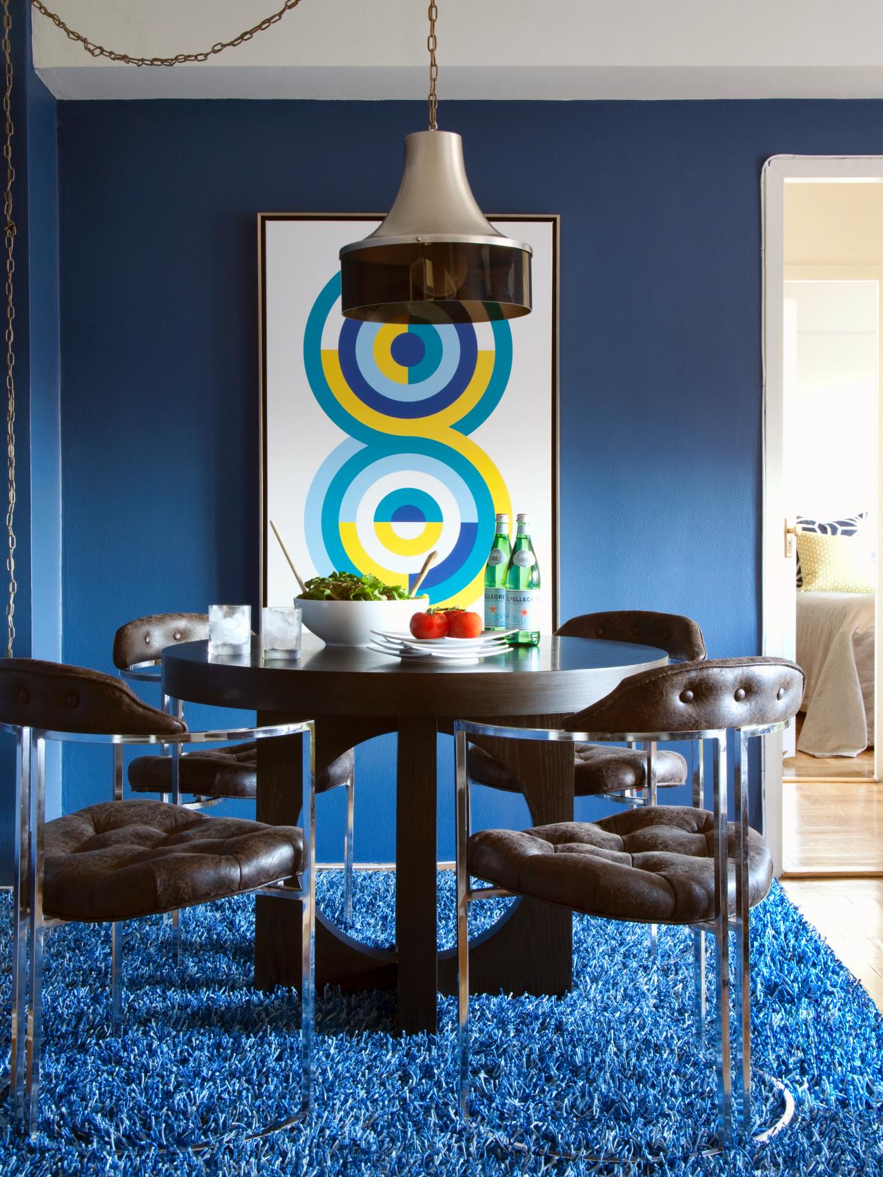 Contemporary Dining Room With Dark Wood Table And Blue Shag Carpet Hgtv