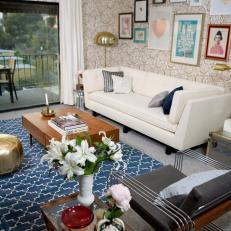 Eclectic Living Room With Gold Patterned Wallpaper