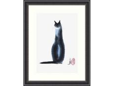 Black and white Siamese cat in a black frame and white background.