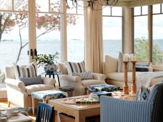 Great Room With Blue and White Furniture and Beadboard Ceiling