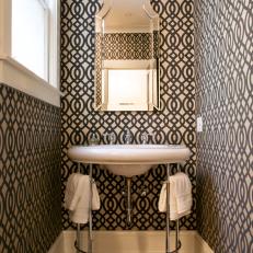 Black and White Powder Room With Graphic Wallpaper