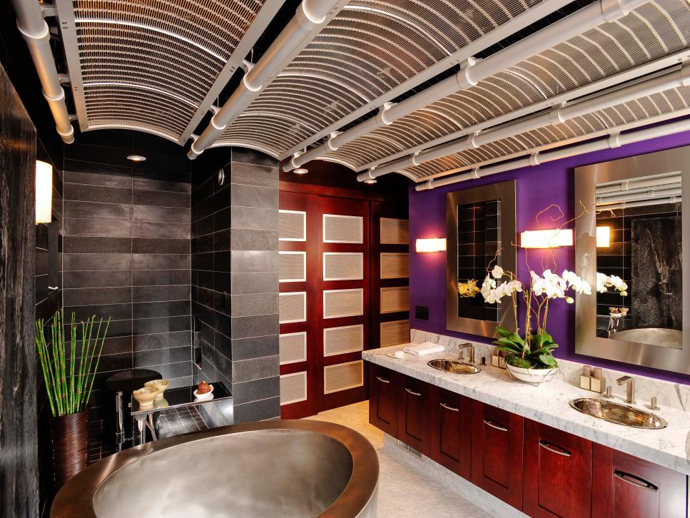 Asian-Inspired Master Bathroom with Purple Accent Wall