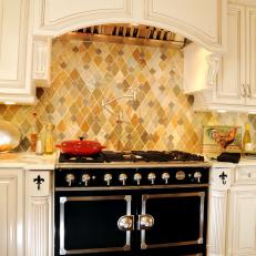 French Country Kitchen with Harlequin Marble Backsplash