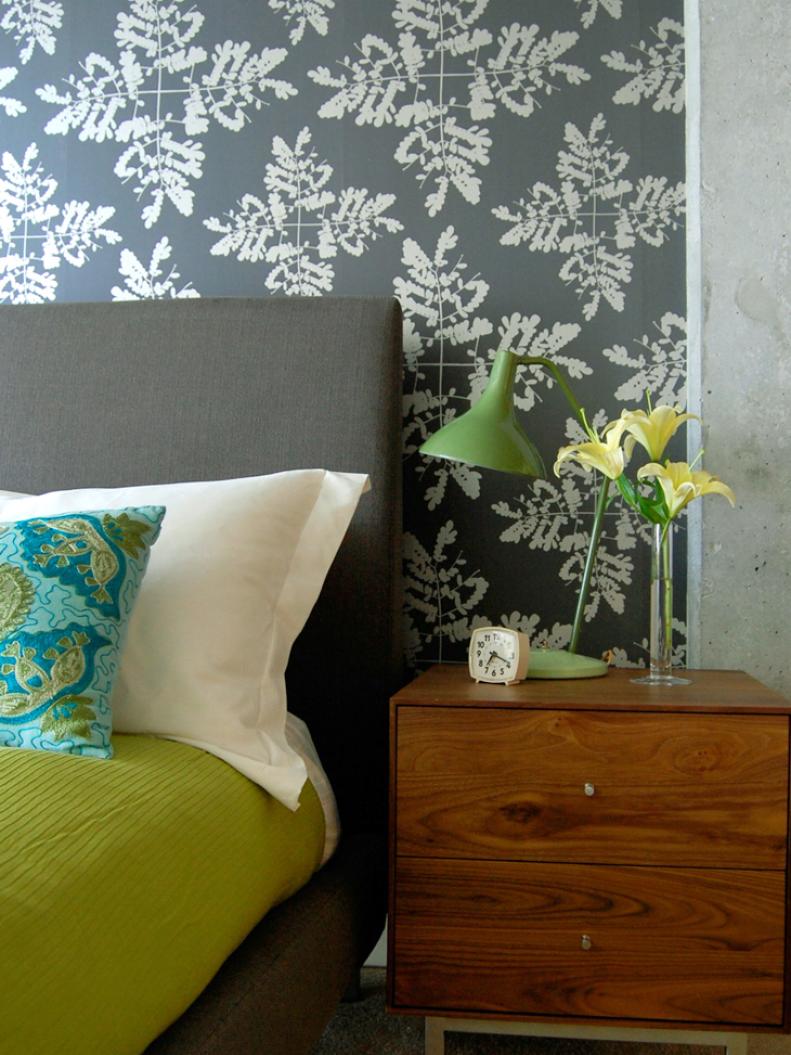 Grey Bedroom With Fern Pattern Wallpaper 