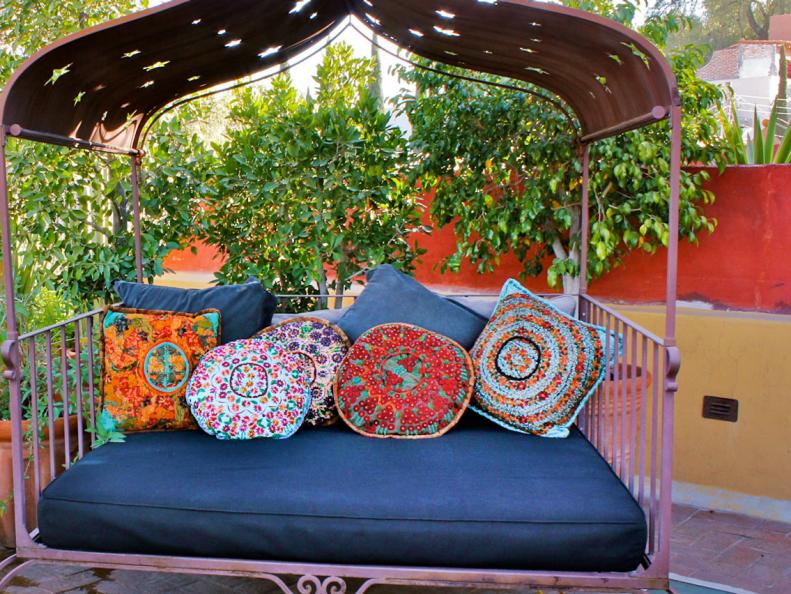 Iron Outdoor Moroccan Daybed With Colorful Pillows