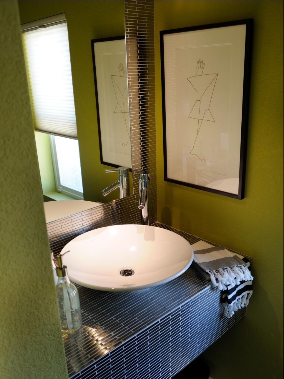 Contemporary Green Powder Room With Stainless Steel Tile | HGTV