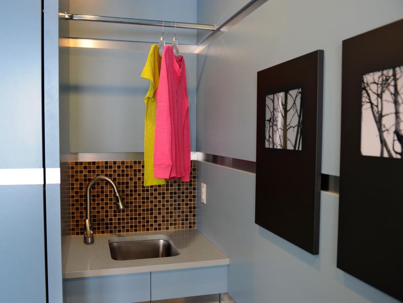 Blue Laundry Room Sink With Brown Mosaic Tile 